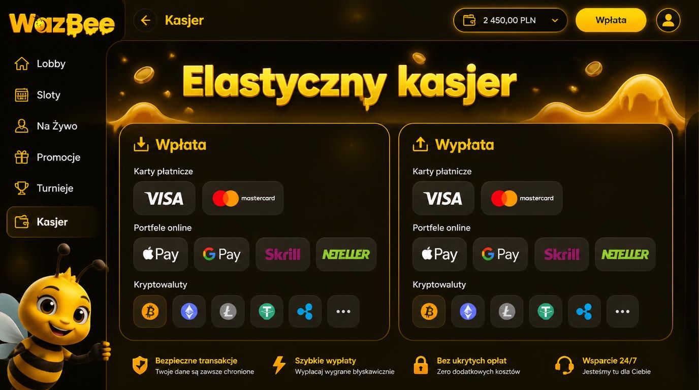 Interfejs kasjera z wieloma metodami płatności, logo kart i kryptowalut