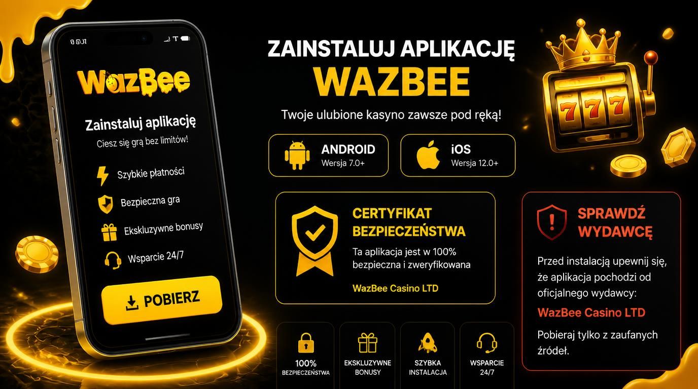 telefony z logiem Wazbee i przyciskiem instalacji „Pobierz”, ikony Android &, iOS oraz certyfikat bezpieczeństwa
